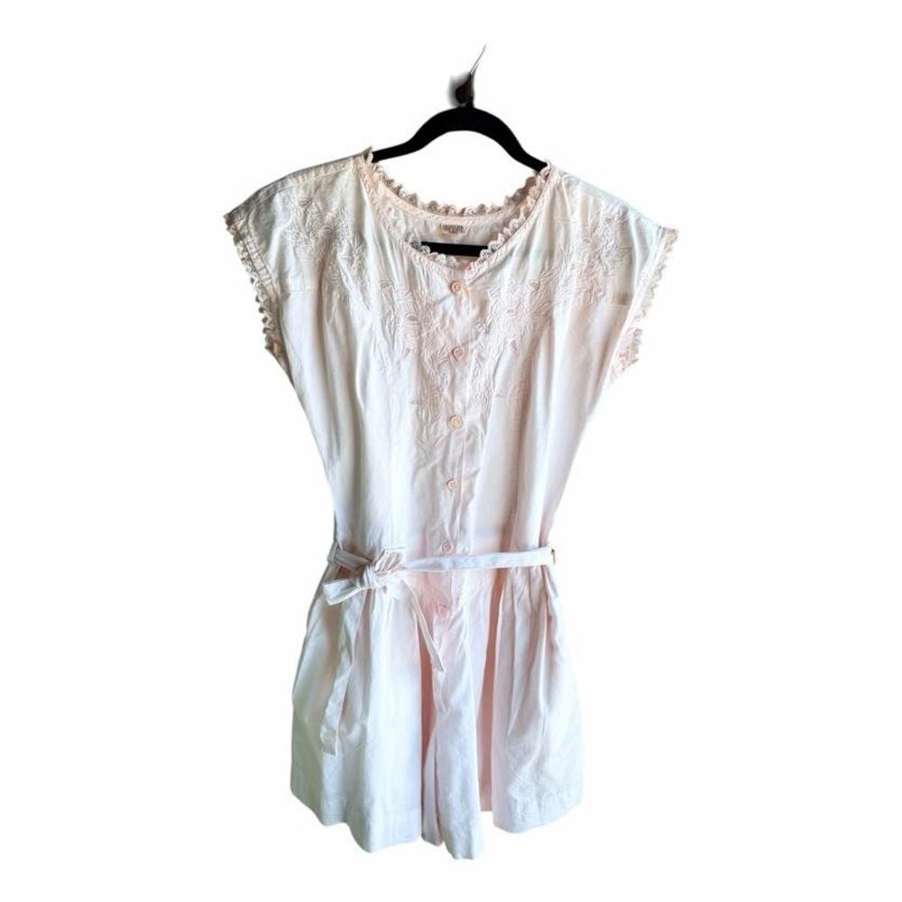 Vintage Powder Light Pink Romper M Cotton Lace Trim Button Front Belted Pockets